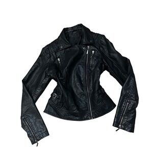 MAX STUDIO Black Faux Leather Moto Jacket Zip Buckle Detail Womens Size S